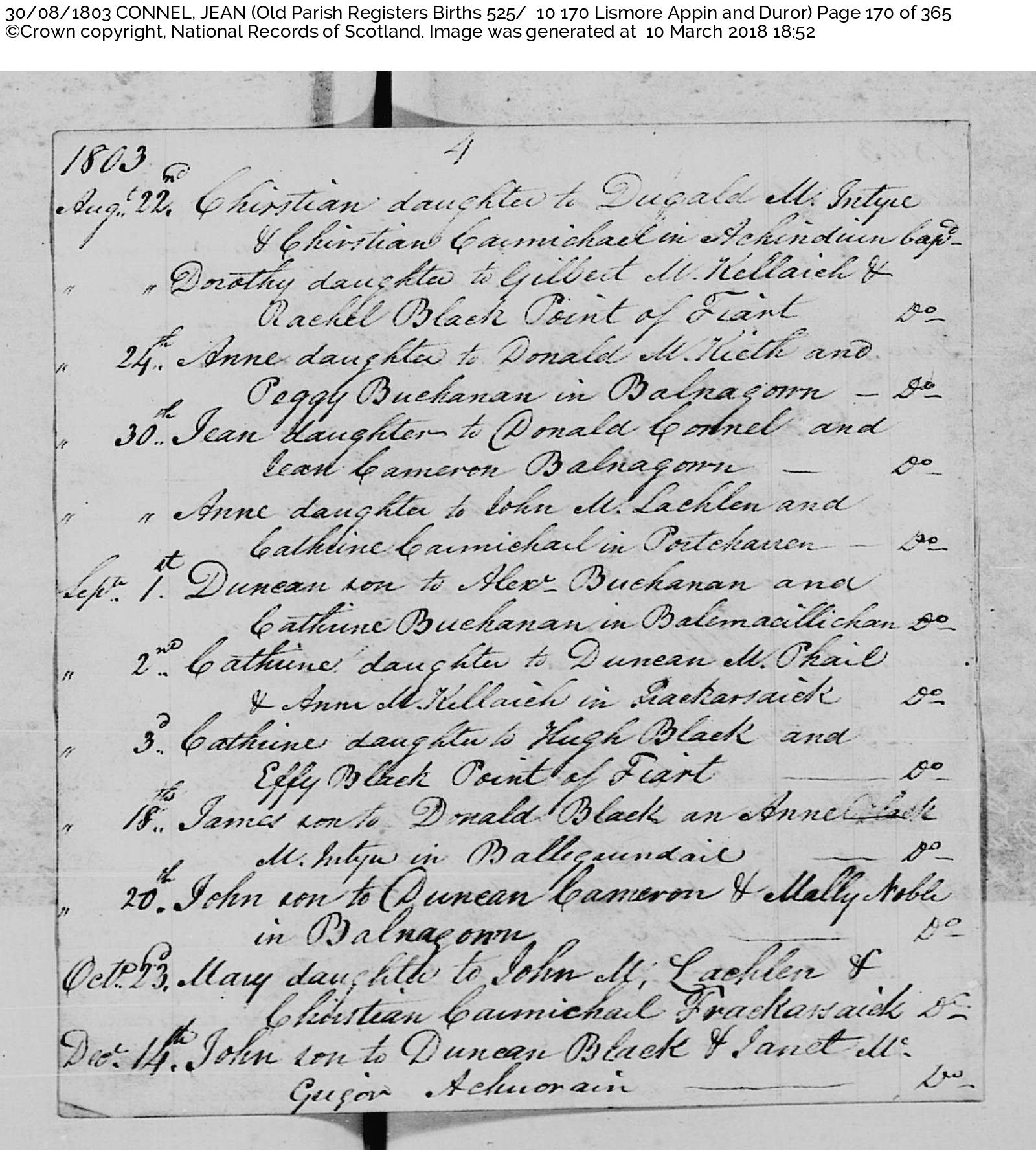 JeanConnel_B1803 Balnagowan Lismore, August 13, 1803, Linked To: <a href='i2076.html' >Jane Cameron</a> and <a href='i1218.html' >Donald Connell 溺</a>